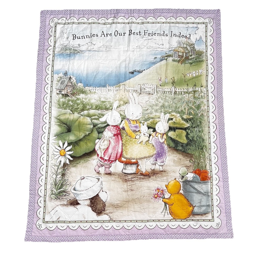 Vintage Baby Quilt Handmade Crib Blanket 41x34" Bunnies Puppy Ducks Ocean Purple